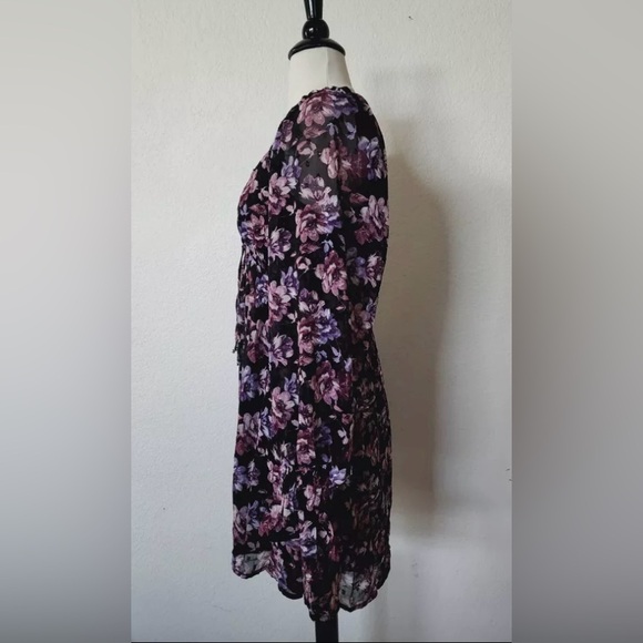 Anthropologie Floral Black and Purple Chiffon Boho Mini Dress Size Large. EUC. - Picture 4 of 6